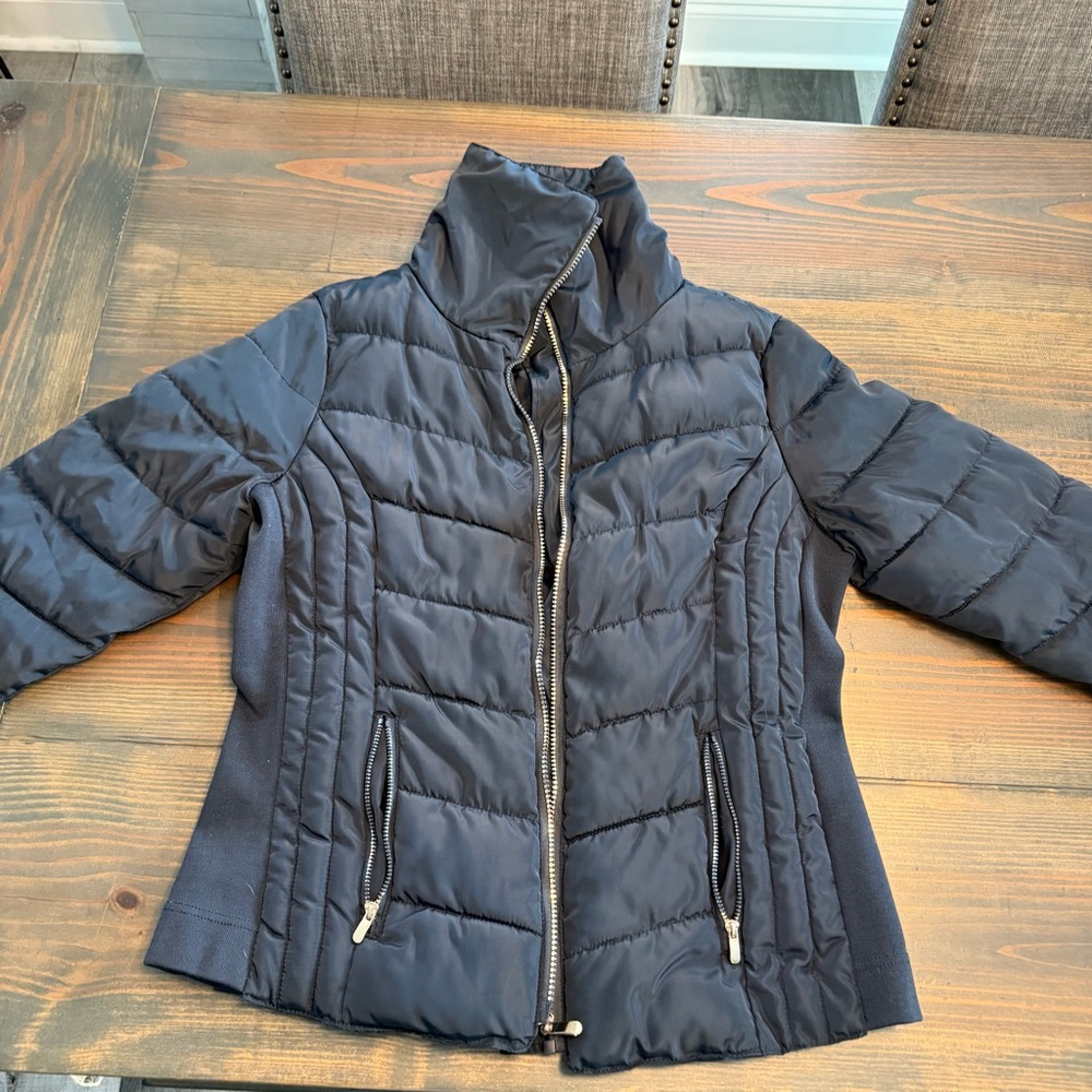 Ci Sono Navy Blue and Silver Puffer Jacket with Quilted Design